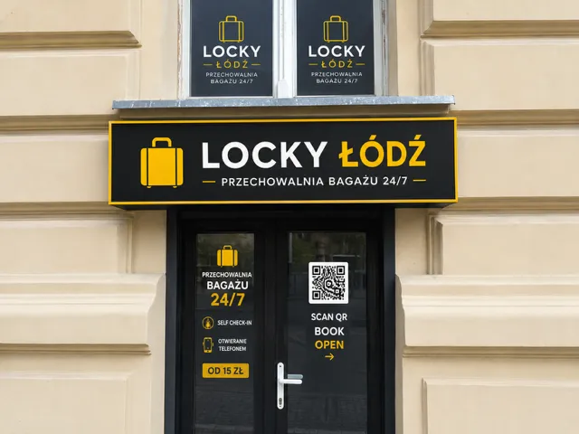 The Locky Łódź entrance: black LOCKY ŁÓDŹ sign with a yellow frame above the door