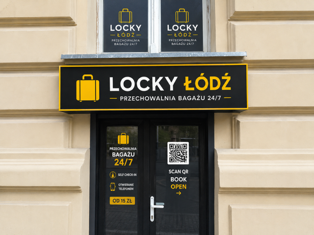 Witryna Locky Łódź — szyld przechowalni bagażu 24/7 nad wejściem